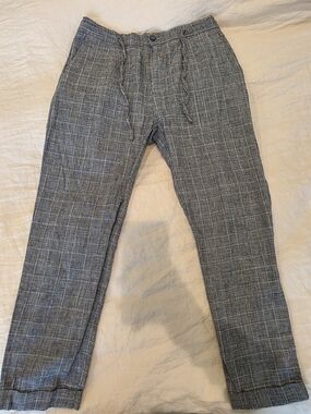 Men's blue linen blend Plaid Drawstring Chinos